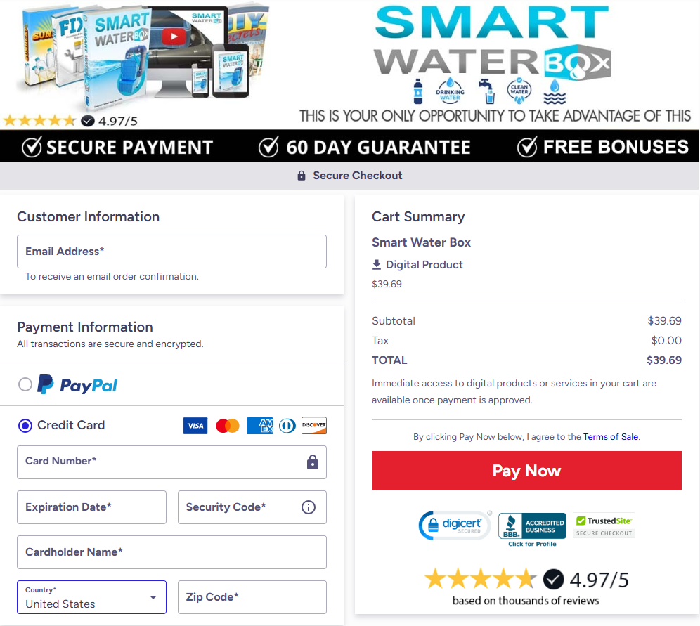 Smart Water Box checkout and instant digital access